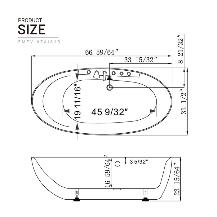 67 in. Whirlpool Freestanding Acrylic Bathtub - EMPV-67AIS13