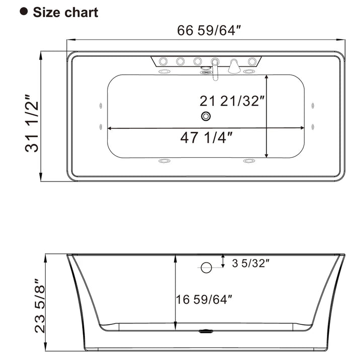 67 in. Whirlpool Freestanding Acrylic Bathtub - EMPV-67AIS16