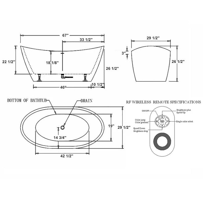 67" Freestanding Soaking LED Tub with Center Drain-EMPV-67FT1518LED