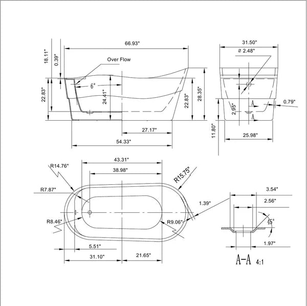 67" Freestanding Soaking Tub with Left Drain EMPV-67FT1527