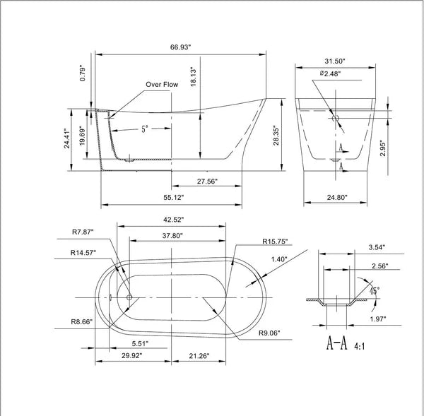 67" Freestanding Soaking Tub with Left Drain  EMPV-67FT1528