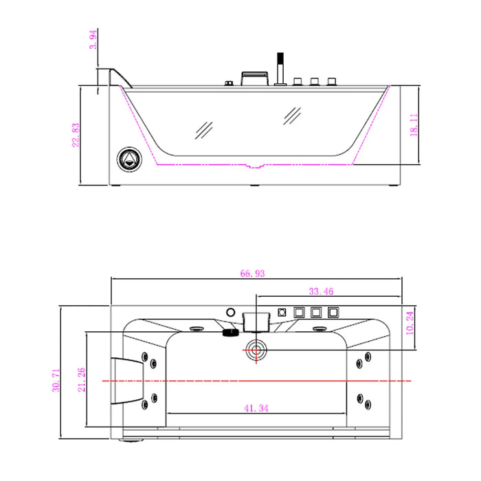 67 in. Whirlpool Rectangular Bathtub - EMPV-67JT408LED