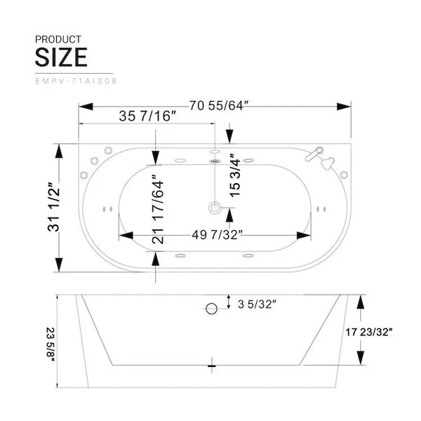 71 in. Whirlpool Acrylic Alcove Bathtub - EMPV-71AIS08